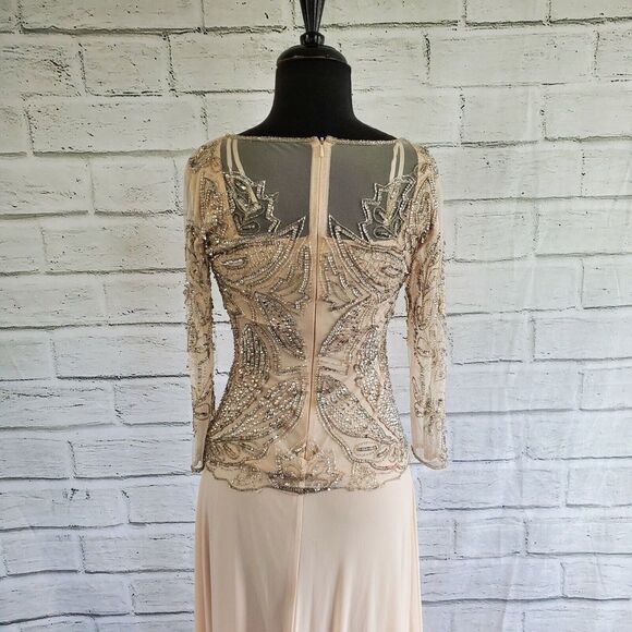 Pisarro Nights Blush Sheer 3/4 sleeve Beaded Gown Formal Womens Size 4 Rayon - Picture 2 of 10